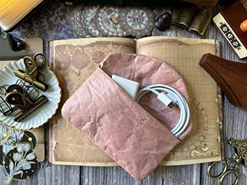 The Mujen Vintage/Retro Style Fiber Paper Electronic Organizer Case, Pouch Small Portable Accessories Bag Travel Accessories Pouch for Electronics Cord USB Storage Organizer Stickers Organizer (Pink) - Image 3