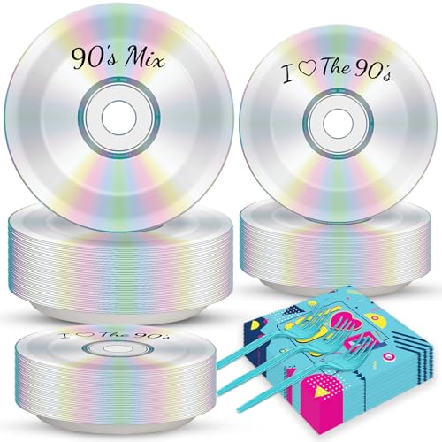 CHUNNIN 200Pcs 90s Party Plates Napkins 90s Mix CD Tableware Set for Retro 90s Theme Party Decoration Dessert Plates Forks Serve 50 Guests for I Love The 90s Back to The 1990s Birthday Favor Supplies - Image 1