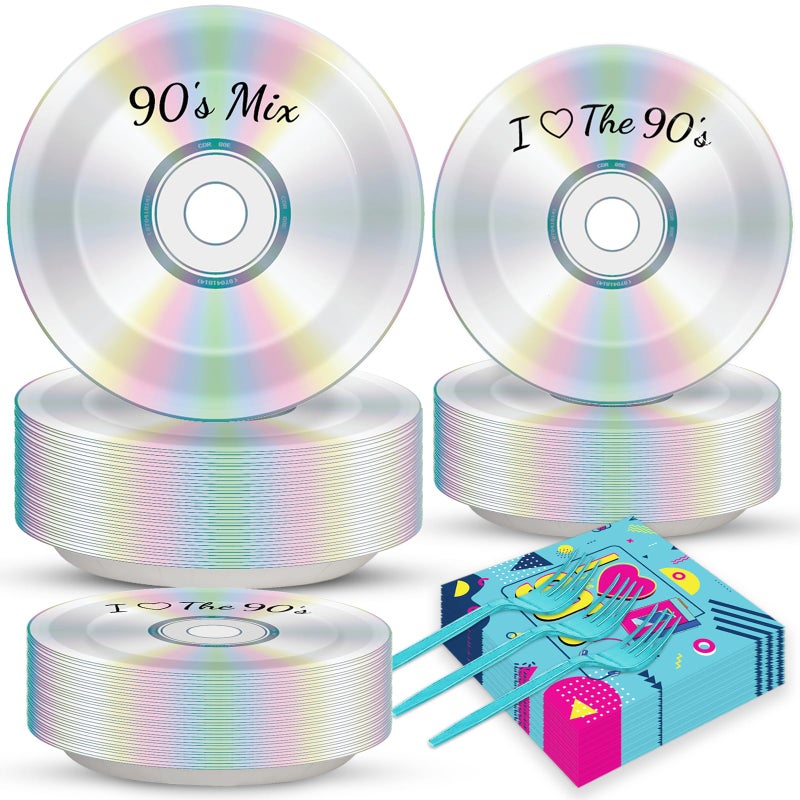 CHUNNIN 200Pcs 90s Party Plates Napkins 90s Mix CD Tableware Set for Retro 90s Theme Party Decoration Dessert Plates Forks Serve 50 Guests for I Love The 90s Back to The 1990s Birthday Favor Supplies - Image 2