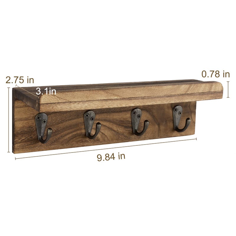 HRONRAD Rustic Key Holder for Wall, Farmhouse Wall Shelf with 4 Hooks, Wall Mounted Key Racks, Wooden Mail Organizer with Hooks for Entryway (Brown) - Image 4