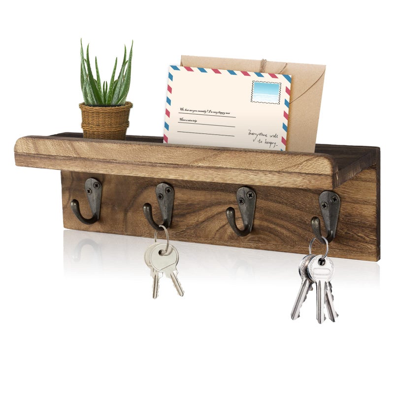 HRONRAD Rustic Key Holder for Wall, Farmhouse Wall Shelf with 4 Hooks, Wall Mounted Key Racks, Wooden Mail Organizer with Hooks for Entryway (Brown) - Image 1