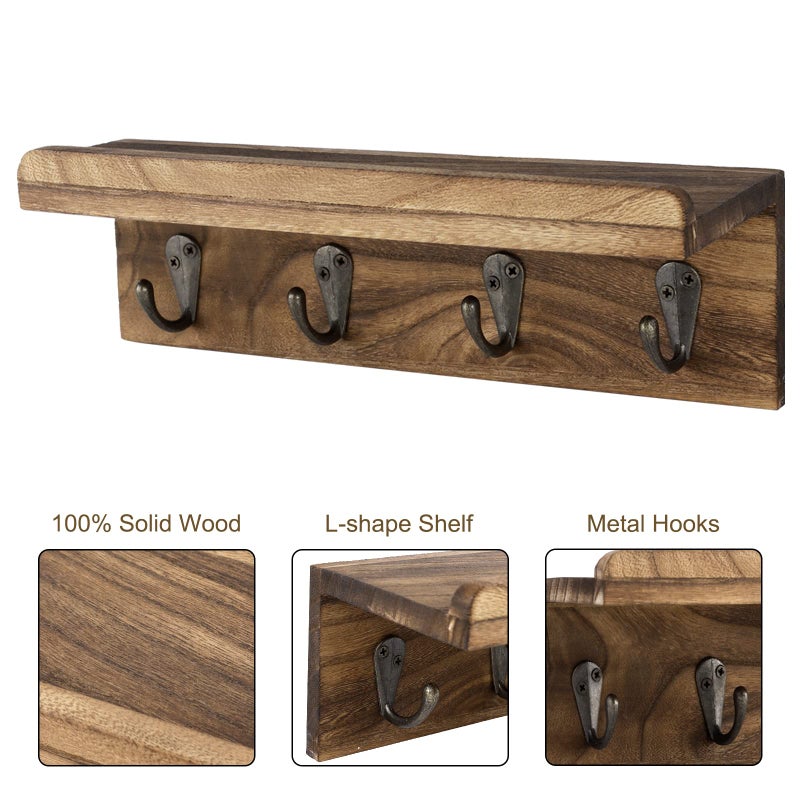 HRONRAD Rustic Key Holder for Wall, Farmhouse Wall Shelf with 4 Hooks, Wall Mounted Key Racks, Wooden Mail Organizer with Hooks for Entryway (Brown) - Image 3