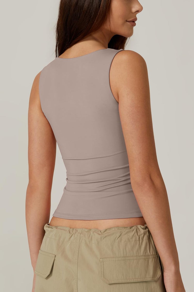 QINSEN Women's Summer Tank Tops Square Neck Sleeveless Slim Fitted Going Out Shirts Warm Taupe XL - Image 4