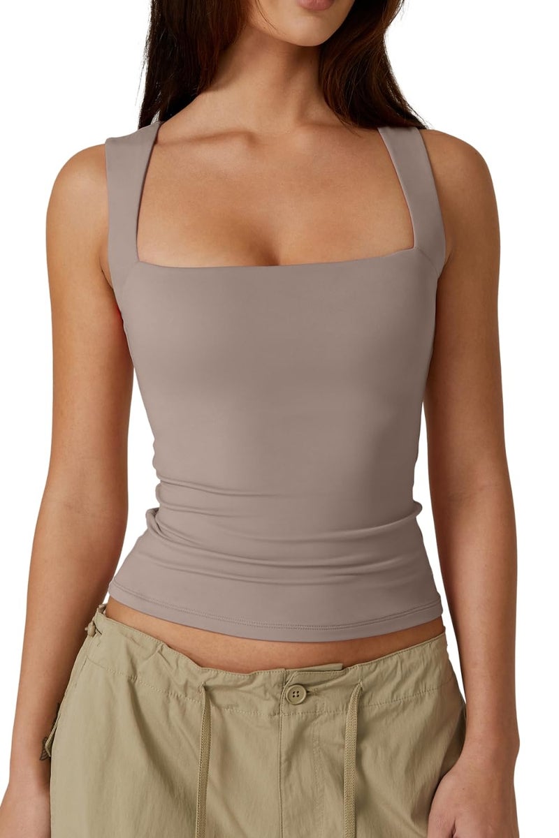 QINSEN Women's Summer Tank Tops Square Neck Sleeveless Slim Fitted Going Out Shirts Warm Taupe XL - Image 1