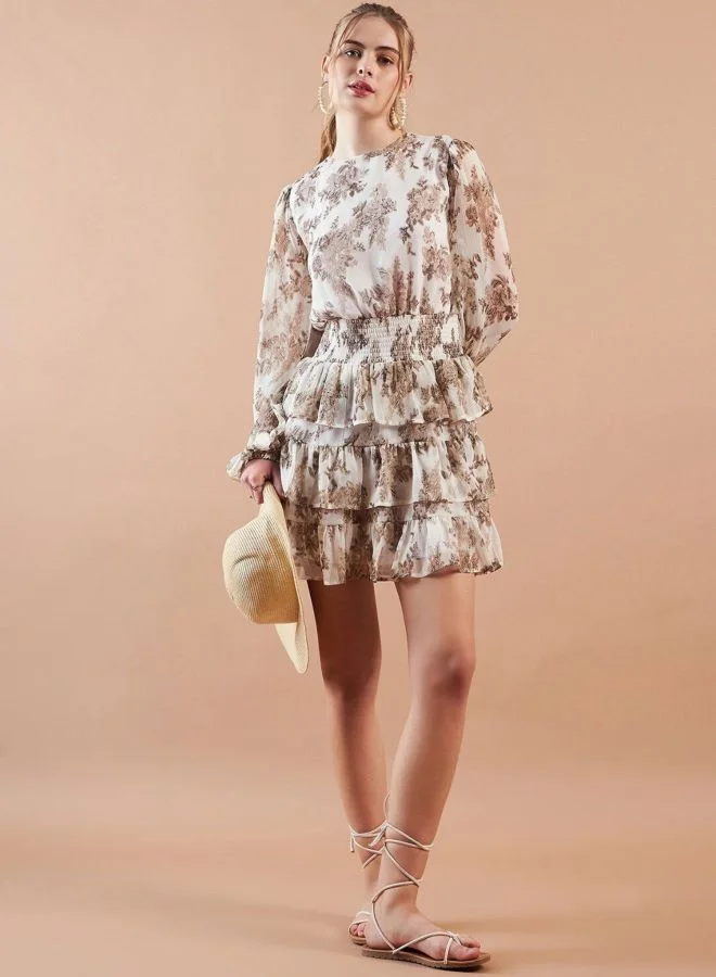 Women Fit and Flared Ditsy Printed Round Neck Long Sleeve Mini Dress