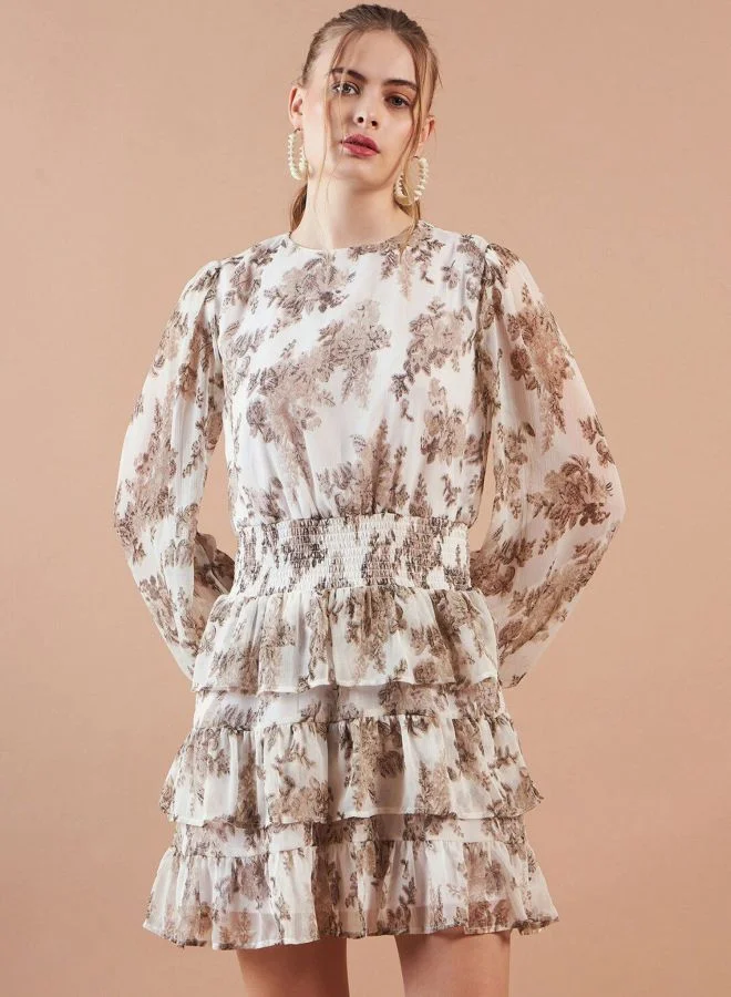 Freehand  Women Fit and Flared Ditsy Printed Round Neck Long Sleeve Mini Dress for Women | Best Price UAE