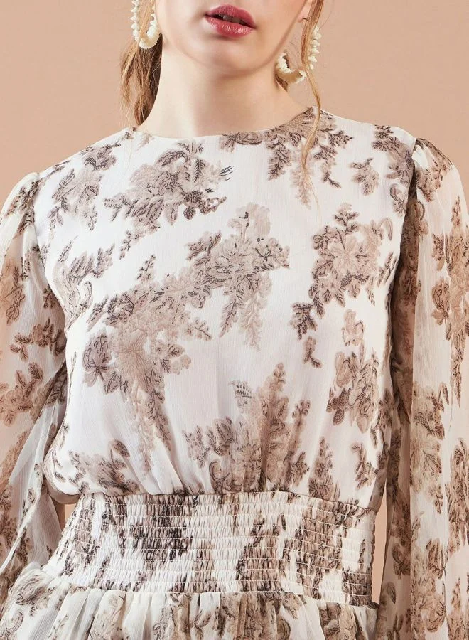 Freehand  Women Fit and Flared Ditsy Printed Round Neck Long Sleeve Mini Dress for Women | Best Price UAE