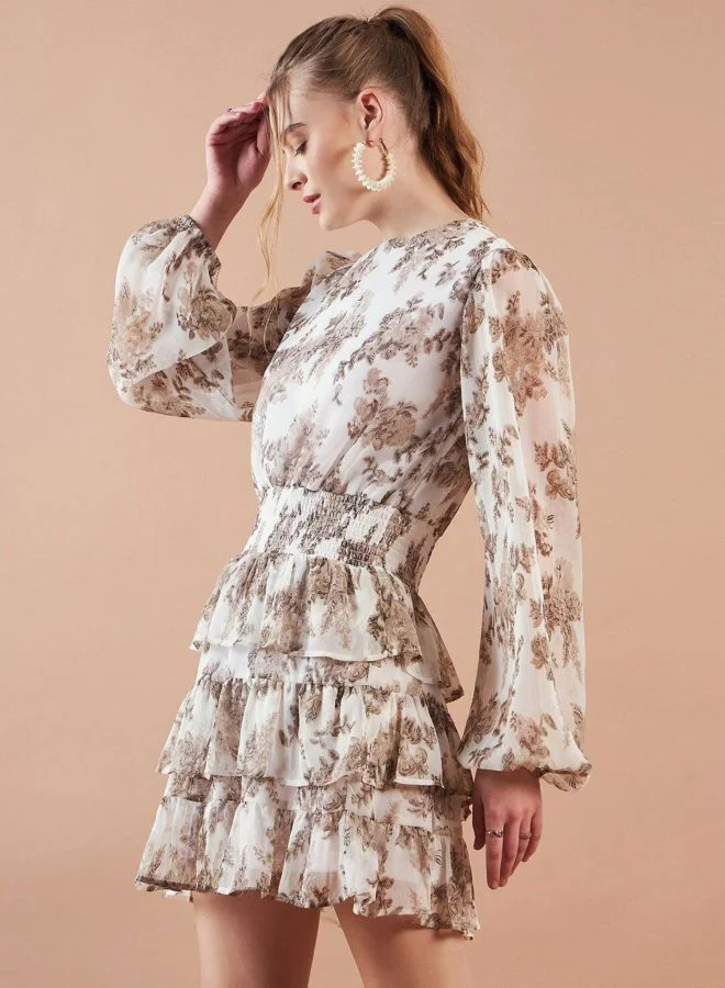 Freehand  Women Fit and Flared Ditsy Printed Round Neck Long Sleeve Mini Dress for Women | Best Price UAE