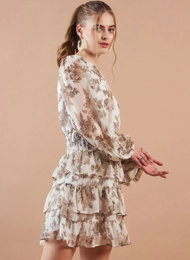 Freehand  Women Fit and Flared Ditsy Printed Round Neck Long Sleeve Mini Dress for Women | Best Price UAE