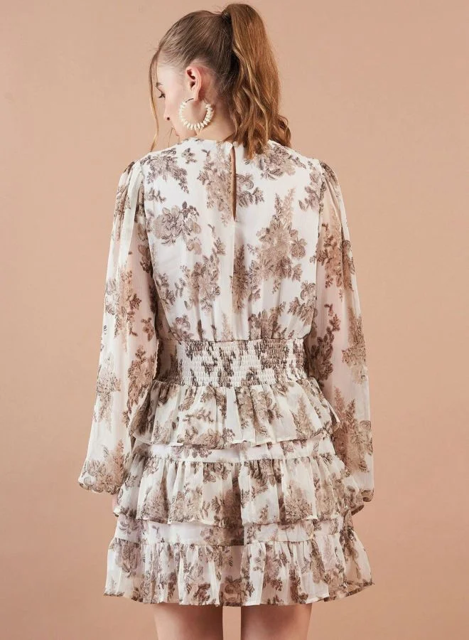 Freehand  Women Fit and Flared Ditsy Printed Round Neck Long Sleeve Mini Dress for Women | Best Price UAE