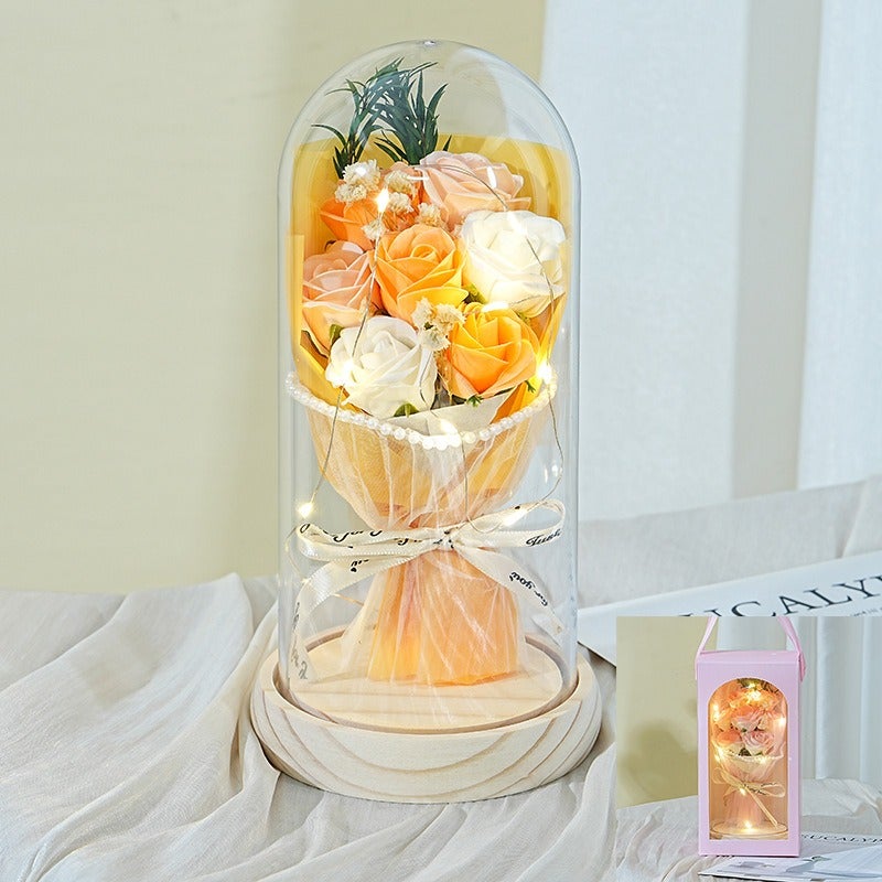 Preserved Rose Flower Gift Box with Wooden Base - 7 Roses Bouquet for Teacher's Day, Birthday & Special Occasions