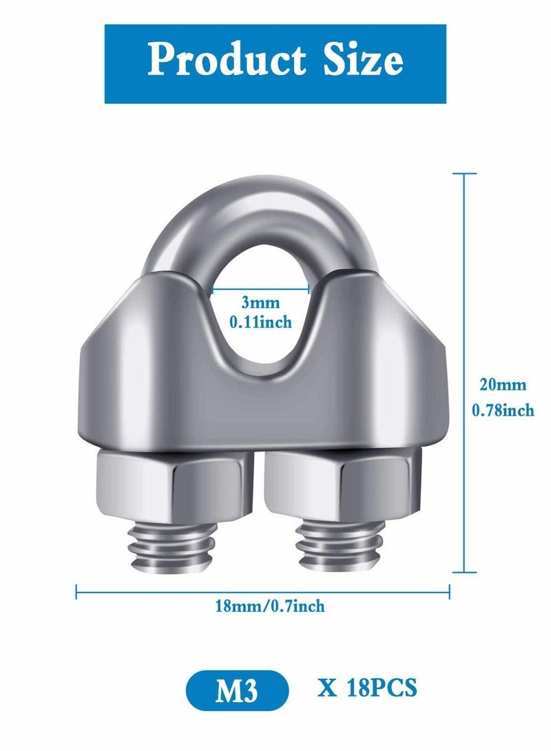 KASTWAVE Wire Rope Clip Cable Clamp, 18 Pcs M3 U Bolt Clamp Ø 3mm (1/8") Sturdy 304 Stainless Steel U Bolt Saddle Fastener for Wire Rope Cable Garden Industry Gym - Image 2