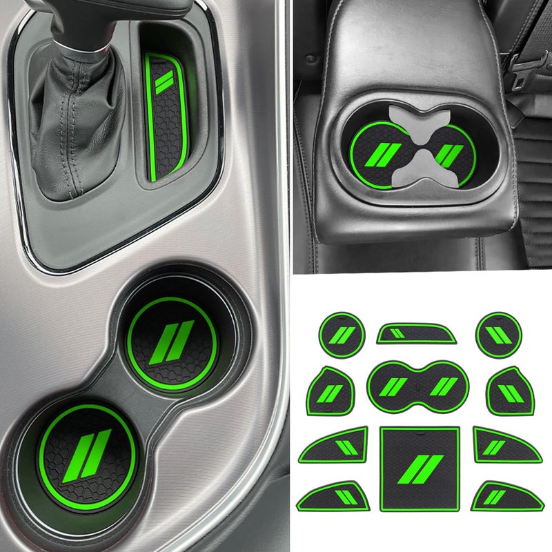 REMOCH for Dodge Challenger Accessories 20152024 Custom Fits Cup Holder Insert Antidust Mats Door Pocket Center Console LinersGreen Trim 11 PCS Set