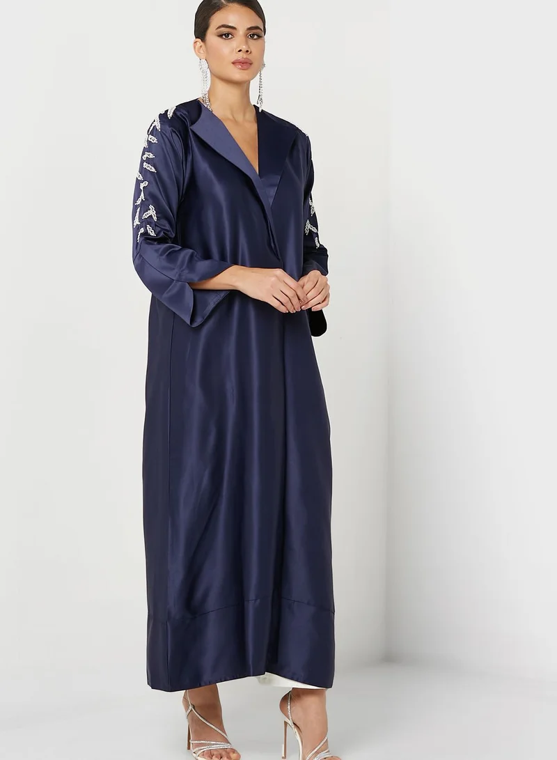 Khizana Embellished Coat Collar Detail Abaya With Sheila