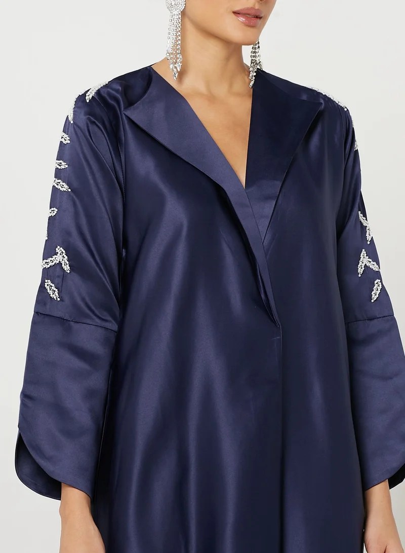 Khizana Embellished Coat Collar Detail Abaya With Sheila