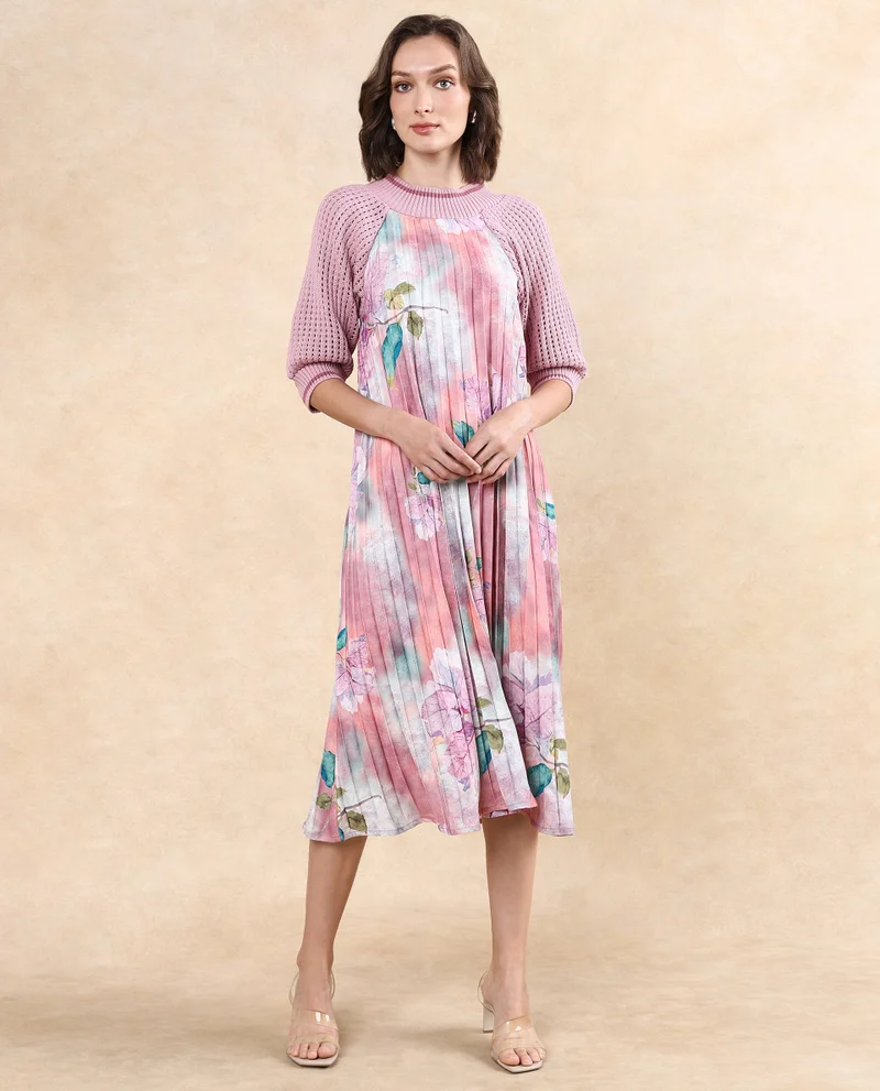 Rareism Women's Pleated Flowy Dress With Knit Sleeve
