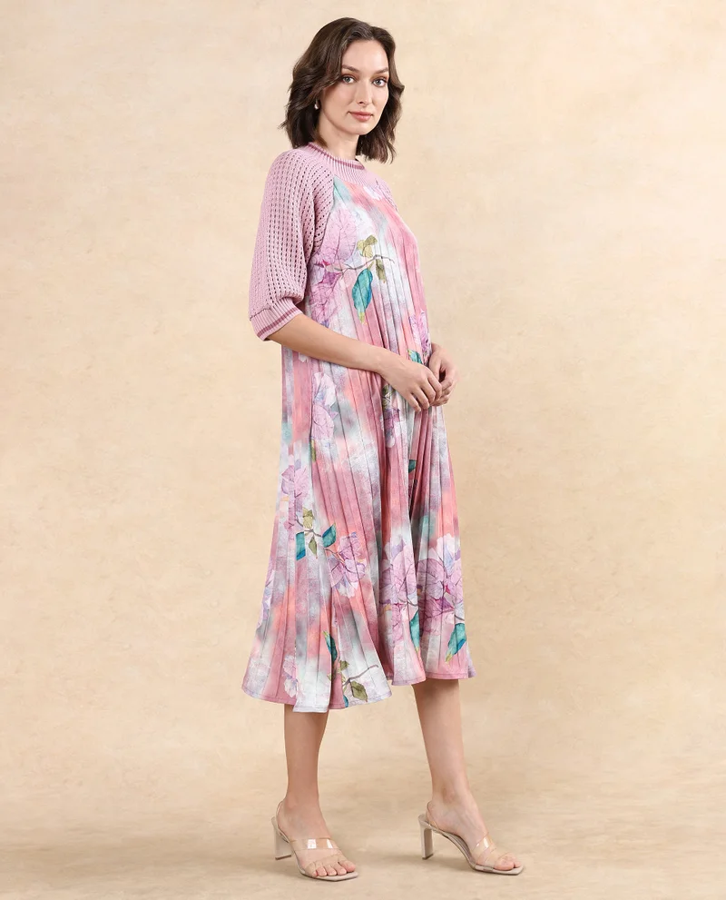 Rareism Women's Pleated Flowy Dress With Knit Sleeve