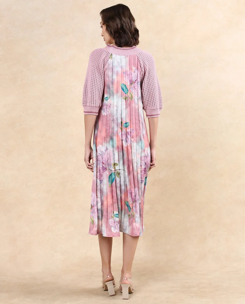Rareism Women's Pleated Flowy Dress With Knit Sleeve