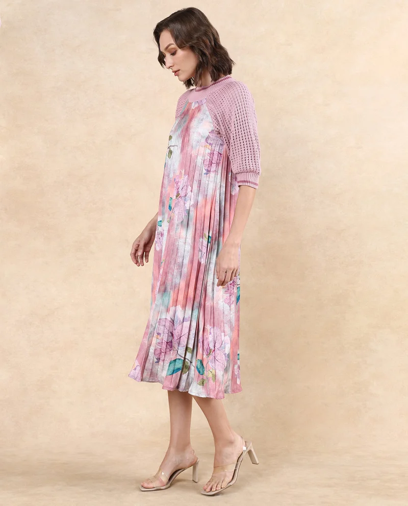 Rareism Women's Pleated Flowy Dress With Knit Sleeve