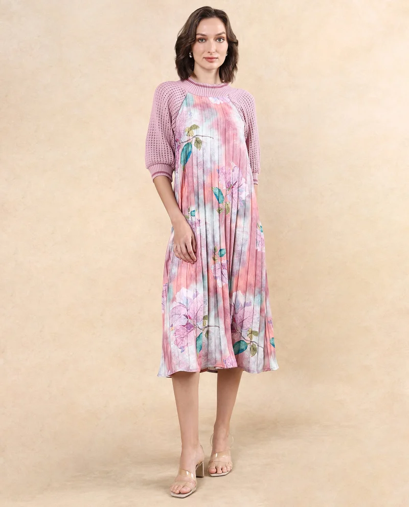 Rareism Women's Pleated Flowy Dress With Knit Sleeve