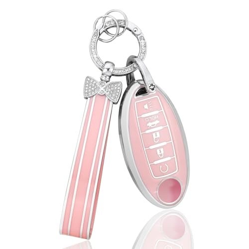 PIFOOG Key Fob Cover for Nissan 5 Button Pink Car Keys Shell Case Bling Keychain Protector Accessories for Altima Sentra Rogue Pathfinder Murano Armada Maxima Versa Soft TPU Girly Women - Image 1