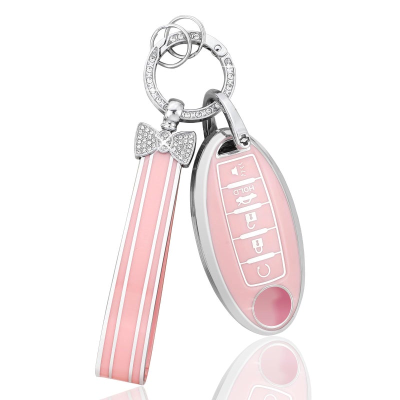 PIFOOG Key Fob Cover for Nissan 5 Button Pink Car Keys Shell Case Bling Keychain Protector Accessories for Altima Sentra Rogue Pathfinder Murano Armada Maxima Versa Soft TPU Girly Women - Image 3