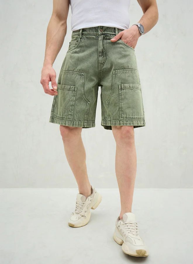 SASSAFRAS Sassafras Men Green Washed Denim Relaxed Fit Carpenter Shorts