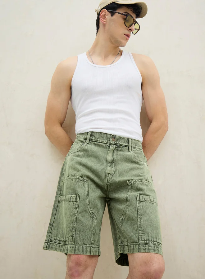 ساسافراس Sassafras Men Green Washed Denim Relaxed Fit Carpenter Shorts