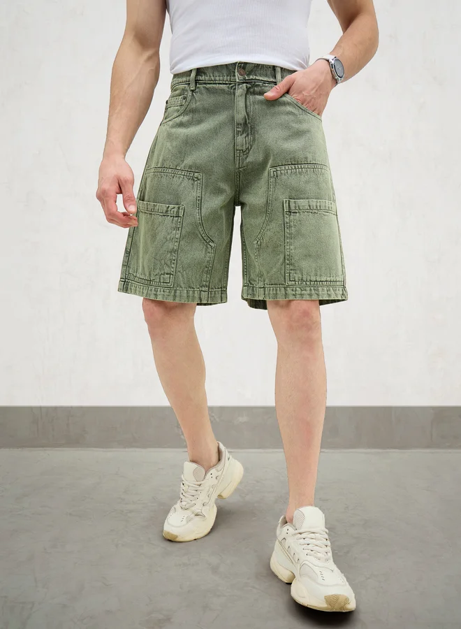 SASSAFRAS Sassafras Men Green Washed Denim Relaxed Fit Carpenter Shorts