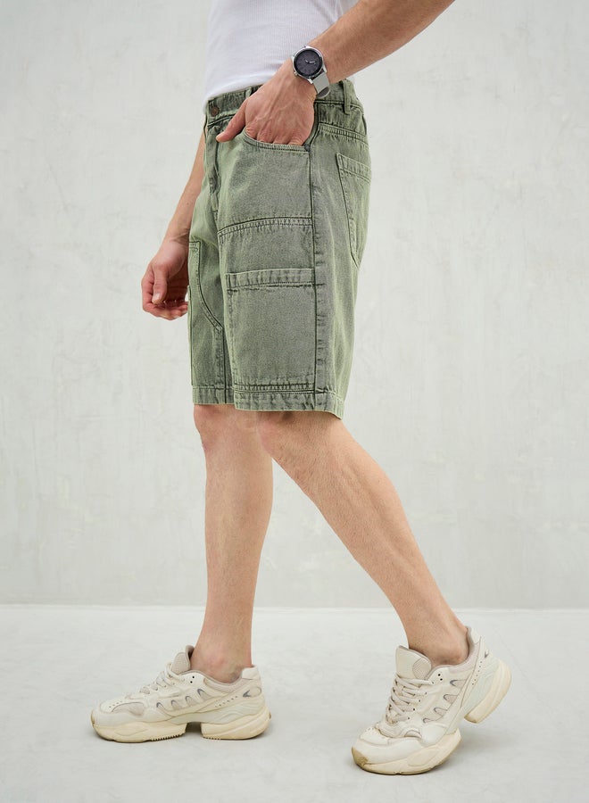 SASSAFRAS Men Green Washed Denim Relaxed Fit Carpenter Shorts - Image 3