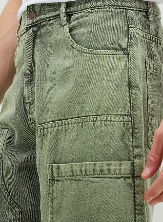 SASSAFRAS Sassafras Men Green Washed Denim Relaxed Fit Carpenter Shorts