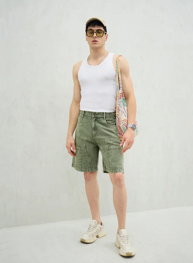 ساسافراس Sassafras Men Green Washed Denim Relaxed Fit Carpenter Shorts