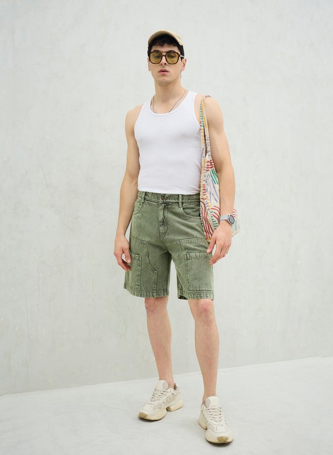SASSAFRAS Men Green Washed Denim Relaxed Fit Carpenter Shorts - Image 2