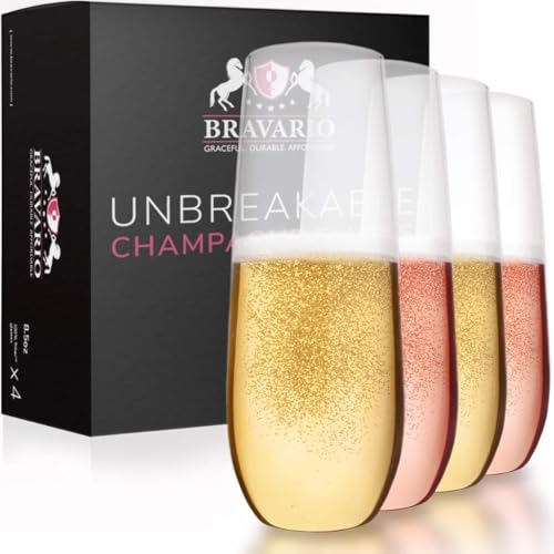 Bravario Unbreakable Stemless Plastic Champagne Flutes  Shatterproof 100 Tritan Plastic Glasses  Reusable  BPAfree  85 oz Set of 4