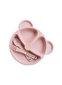 3-Piece Durable Long-lasting Wheat Straw Counterpart Dinnerware Set Comfortable for Baby, Wheat Plates Plate with Dividers Grid Pink Child Set