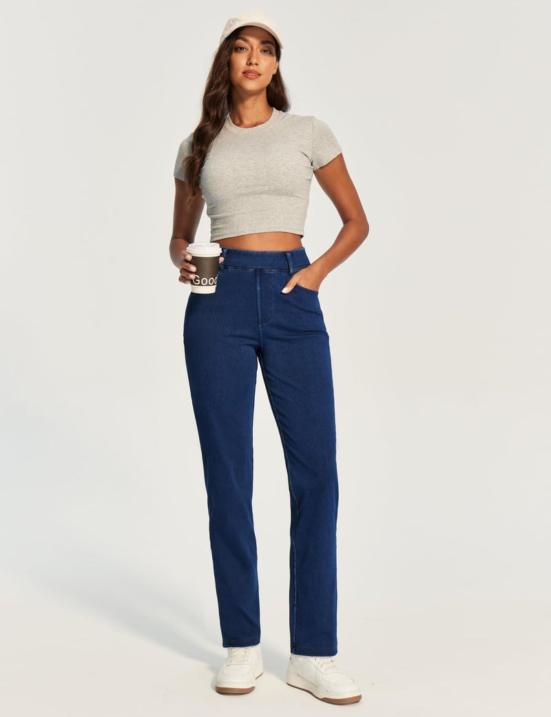 IUGA Straight Leg Jeans for Women Stretchy Pull On Sweatpant Jeans Women High Waisted Bootcut Jean Trendy Denim Pants Dark Blue - Image 1