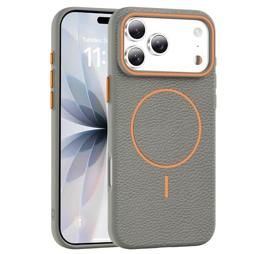 Elzzi New Lychee Texture Magnetic Phone Case for iPhone 17 Pro Max Case, [Compatible with Mag-Safe] Anti Yellow Velvet Lined Premium PC+TPU Back Cover (Grey) - Image 1