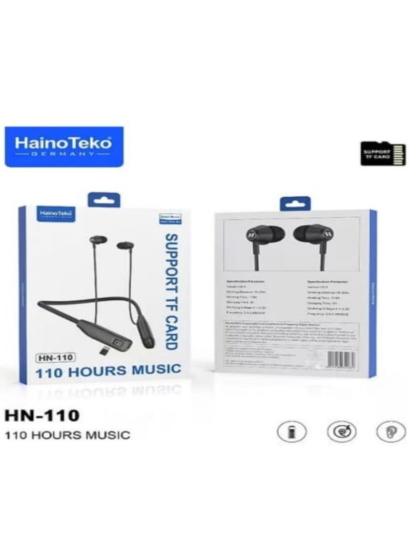Haino Teko HN110 Bluetooth Neck Band Headphone 110 Hours Music With High Bass Sound Quality Super Clear Mic And TF Card Support Black - Image 1