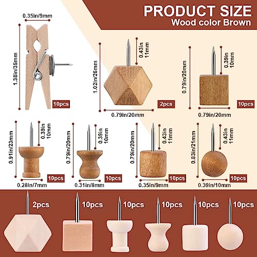 Climberty® 114Pcs Wood Push Pins with Storage Box, 3 Colors 7 Thumbtack Styles, Decorative Push Pins for Bulletin Board Cork Board Felt Board Push Pin Clip for Home, Office Accessories Stationery - Image 2