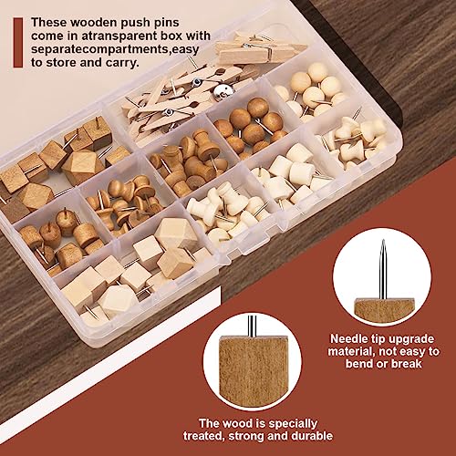 Climberty® 114Pcs Wood Push Pins with Storage Box, 3 Colors 7 Thumbtack Styles, Decorative Push Pins for Bulletin Board Cork Board Felt Board Push Pin Clip for Home, Office Accessories Stationery - Image 4