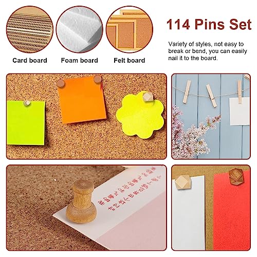 Climberty® 114Pcs Wood Push Pins with Storage Box, 3 Colors 7 Thumbtack Styles, Decorative Push Pins for Bulletin Board Cork Board Felt Board Push Pin Clip for Home, Office Accessories Stationery - Image 3