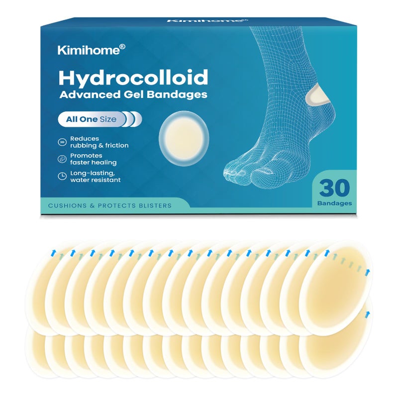 Kimihome Hydrocolloid Blister Bandages for Feet - 30ct Gel Blister Bandages - Blister Cushions for Heel, Toe - Blister Prevention for Travel - Water Resistant Bandages Pads (Heel Pack) - Image 1