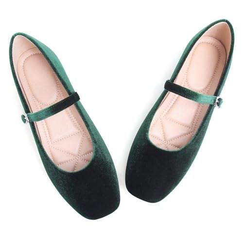 Stunner Women's Velvet Flats Square Toe Casual Work Flats Comfortable Ballet Flats with Buckle Strap Retro Mary Jane Flats Dark Green 43(10) - Image 5