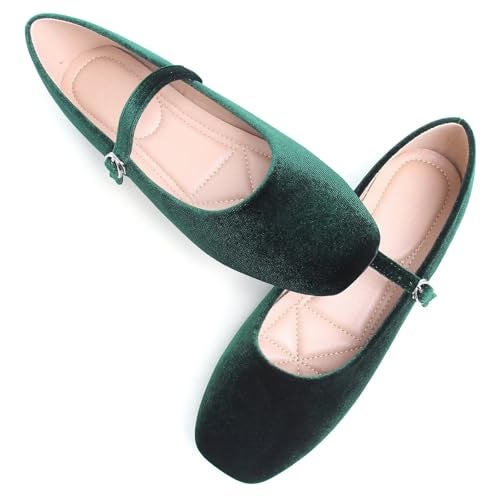 Stunner Women's Velvet Flats Square Toe Casual Work Flats Comfortable Ballet Flats with Buckle Strap Retro Mary Jane Flats Dark Green 43(10) - Image 2
