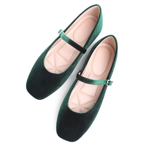 Stunner Women's Velvet Flats Square Toe Casual Work Flats Comfortable Ballet Flats with Buckle Strap Retro Mary Jane Flats Dark Green 43(10) - Image 1
