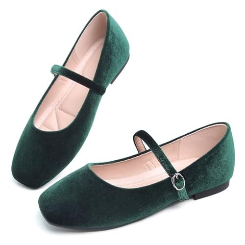 Stunner Women's Velvet Flats Square Toe Casual Work Flats Comfortable Ballet Flats with Buckle Strap Retro Mary Jane Flats Dark Green 43(10) - Image 3