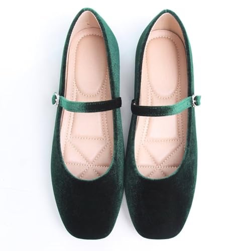 Stunner Women's Velvet Flats Square Toe Casual Work Flats Comfortable Ballet Flats with Buckle Strap Retro Mary Jane Flats Dark Green 43(10) - Image 4