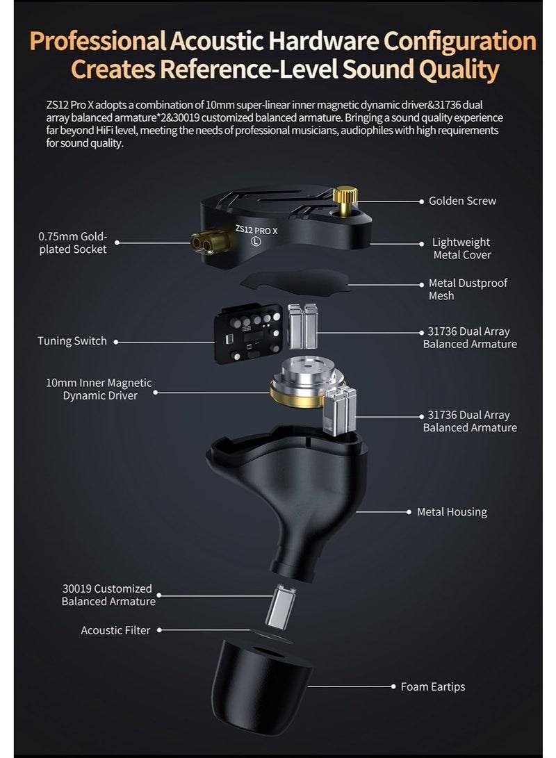 سماعات أذن سلكية KZ ZS12 Pro X من ينيو، سماعات داخل الأذن بصوت هاي فاي احترافي، نظام هايبرِد 1DD + 5BA، صوت جهير قوي وعزل ضوضاء، تصميم معدني أنيق مع أطراف ميموري فوم مريحة، مثالية للألعاب والموسيقيين والاستوديو -هاي فاي -ميموري فوم -سماعات احترافية - Image 3