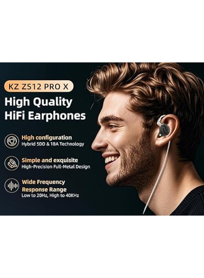 سماعات أذن سلكية KZ ZS12 Pro X من ينيو، سماعات داخل الأذن بصوت هاي فاي احترافي، نظام هايبرِد 1DD + 5BA، صوت جهير قوي وعزل ضوضاء، تصميم معدني أنيق مع أطراف ميموري فوم مريحة، مثالية للألعاب والموسيقيين والاستوديو -هاي فاي -ميموري فوم -سماعات احترافية - Image 5