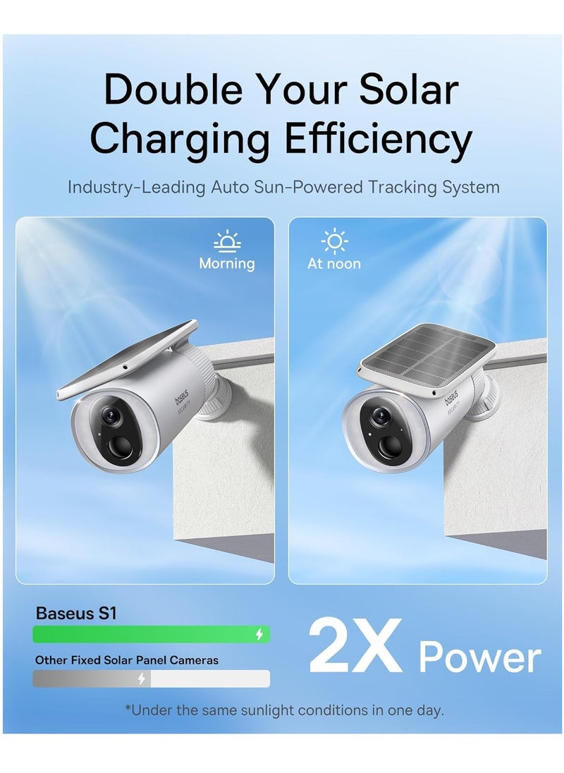 Baseus - Outdoor Solar Security Camera, Solocam S1 Wireless, Continuous Power with Advanced Sunlight Optimization System, 2K Resolution, 145° Ultra Wide Viewing Angle, 8GB Built-in Local Storage and Enhanced Color Night Vision, No Subscription Required, Compatible with Google Assistant and Amazon Alexa, Smart App Control - Image 1